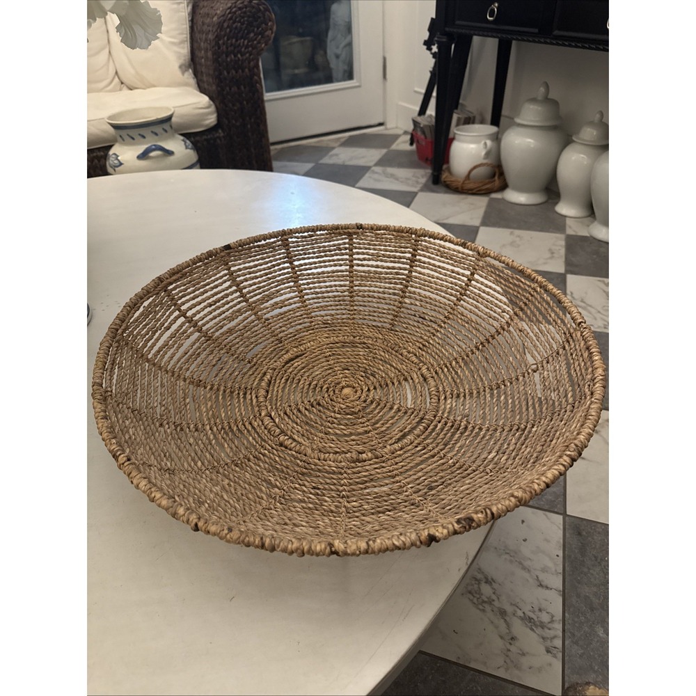 Vintage Hand Woven Natural Basket Bowl 20.5" Coiled Boho Cottage Core Weave